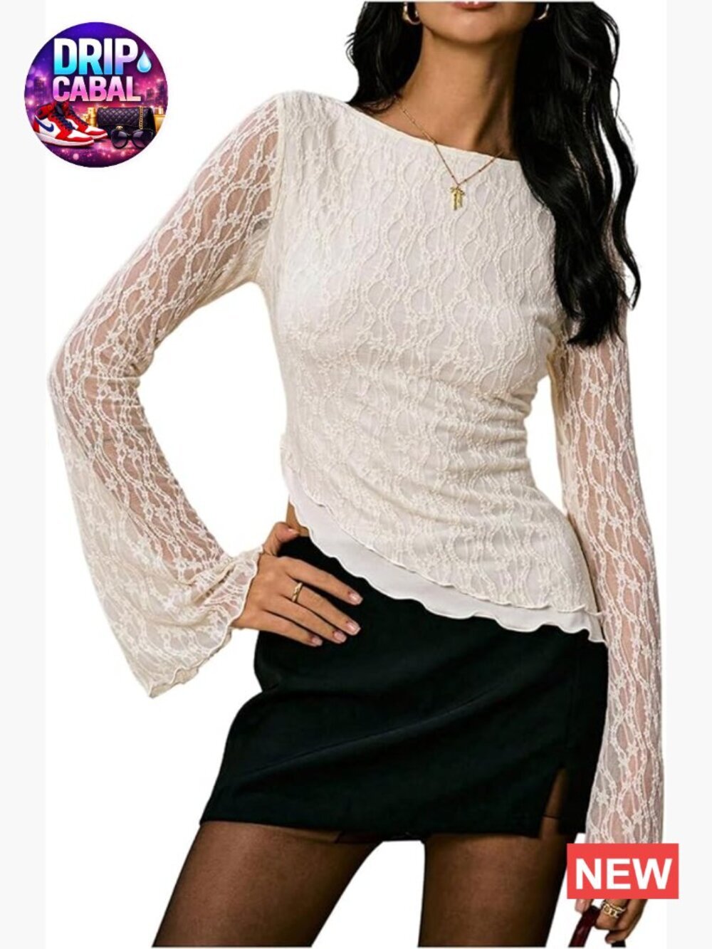 Asymmetrical Lace Bell Long Sleeve Top Y2K Sheer Fitted Going Out Top